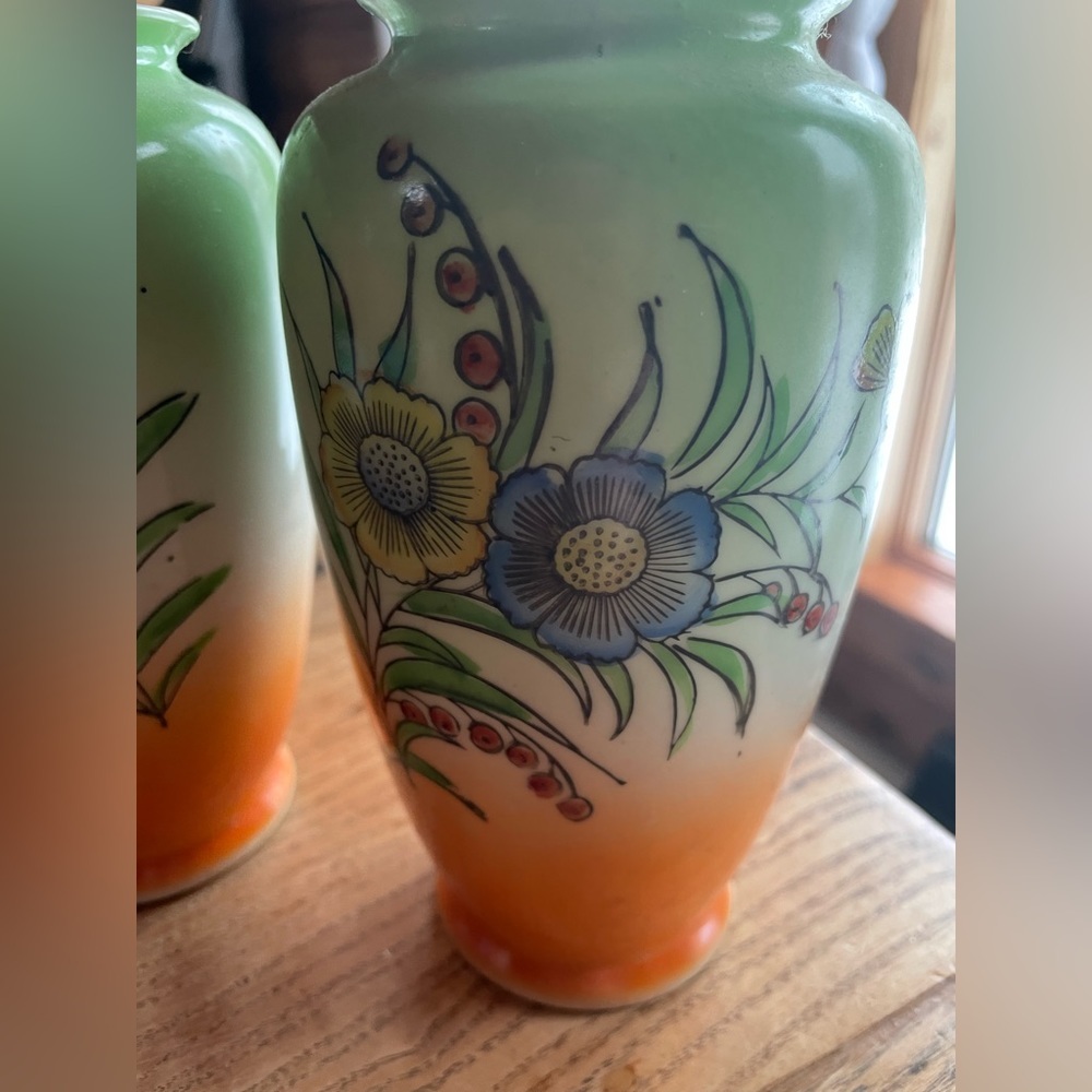 Pair of Vases Made in Japan Green Orange Flower